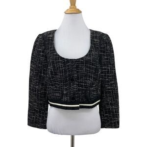 Nanette Lepore Tweed Jacket Womens 12 Crop Button Up Low Scoop Neck Linen Blend